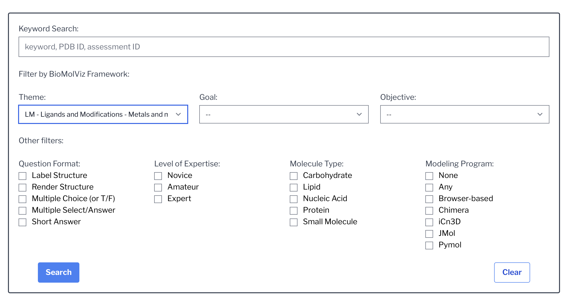 Screenshot of Settings page for BioMolViz Library, featuring a search form for assessments by Theme, Goal, or Objective.